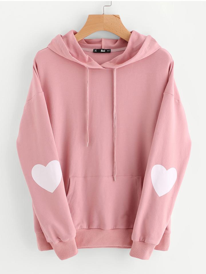 Romwe Drop Shoulder Heart Print Sleeve Pocket Front Hoodie