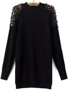 Romwe Lace Insert Crochet Black Sweater
