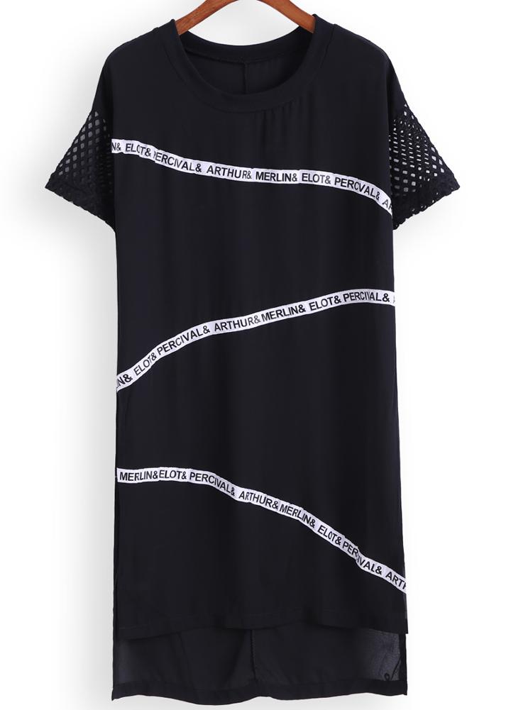 Romwe Dip Hem Letter Print Chiffon Shift Dress