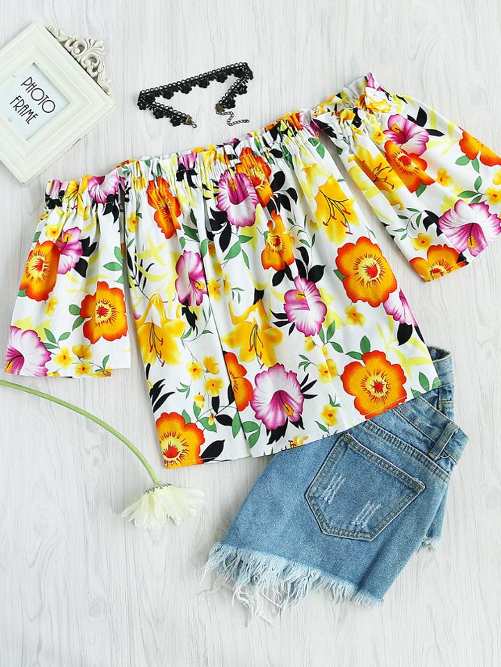 Romwe Off Shoulder Shirred Floral Print Blouse