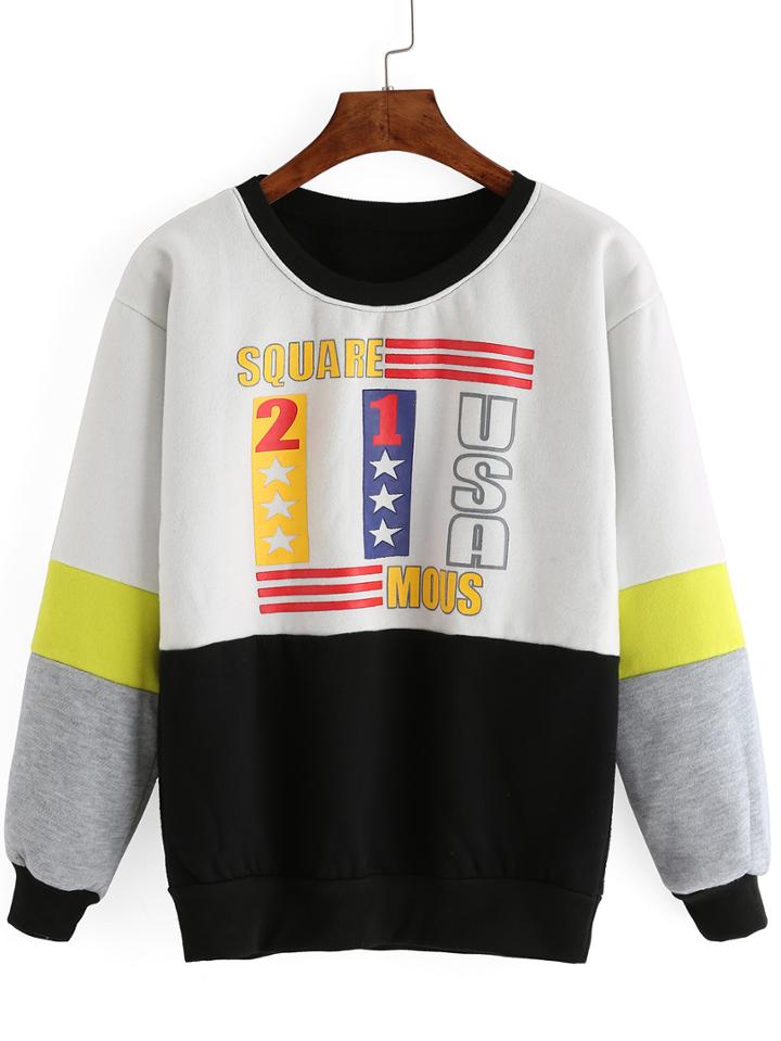 Romwe Color-block Letter Print Thicken Sweatshirt