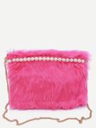 Romwe Pink Beaded Faux Fur Clutch With Chain Strap
