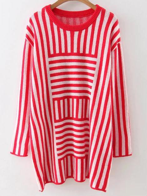 Romwe Red Striped Drop Shoulder Loose Sweater