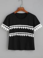 Romwe Black Contrast Appliques T-shirt