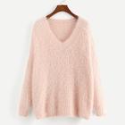 Romwe V-neck Fluffy Sweater