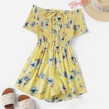 Romwe Floral Print Shirred Off The Shoulder Playsuit
