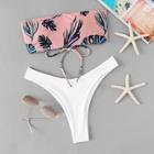 Romwe Mix And Match Lace-up Tropical Bikini Set