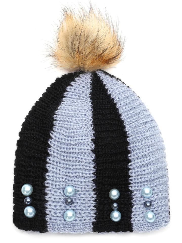 Romwe Black And Blue Stripe Beaded Hat With Pom