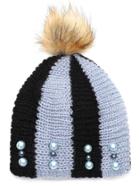 Romwe Black And Blue Stripe Beaded Hat With Pom