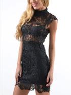 Romwe High Neck Sleeveless Lace Dress - Black