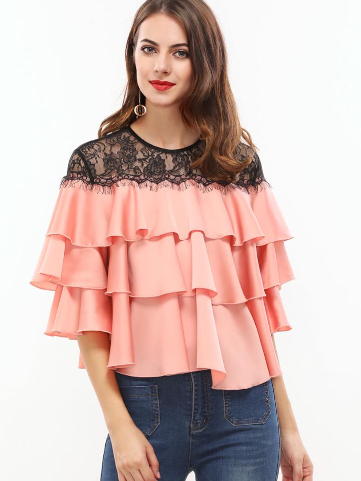 Romwe Pink Contrast Lace Shoulder Layered Ruffle Top