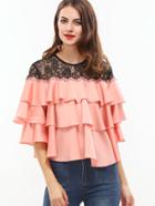 Romwe Pink Contrast Lace Shoulder Layered Ruffle Top