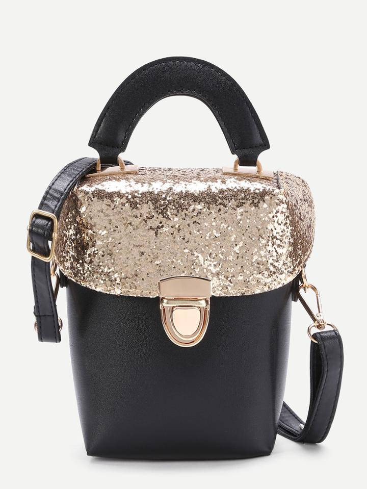 Romwe Sequin Flap Pushlock Pu Shoulder Bag