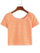 Romwe Thin Striped Crop T-shirt - Orange
