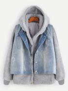 Romwe Grey Faux Shearling Hooded Top With Denim Vest