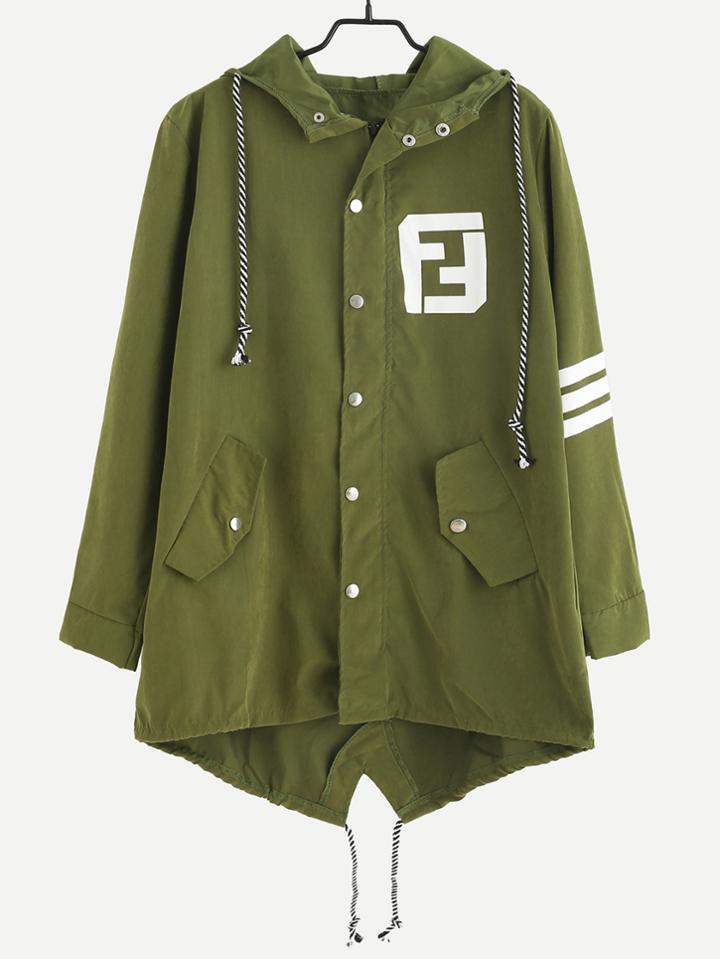 Romwe Army Green Letter Print Back Drawstring Hooded Coat