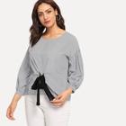 Romwe Plus Knot Front Striped Blouse