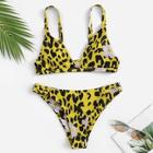 Romwe Random Leopard Print Top With Ruched Bikini Set