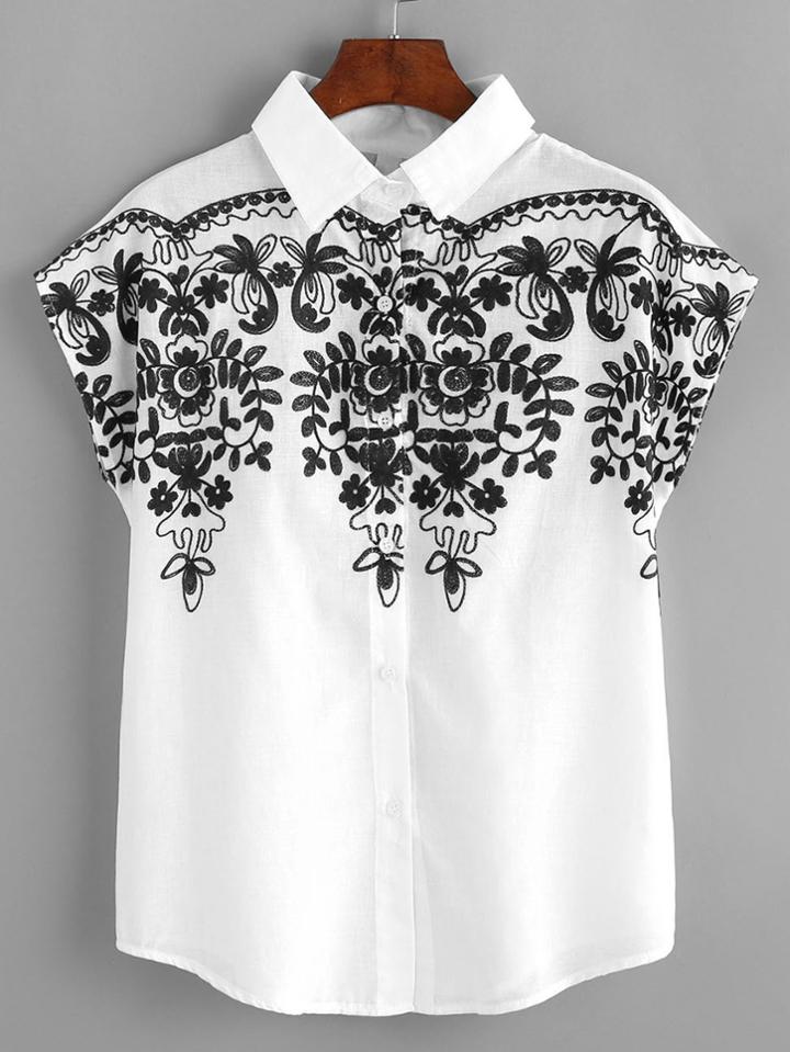 Romwe Cap Sleeve Embroidered Shirt