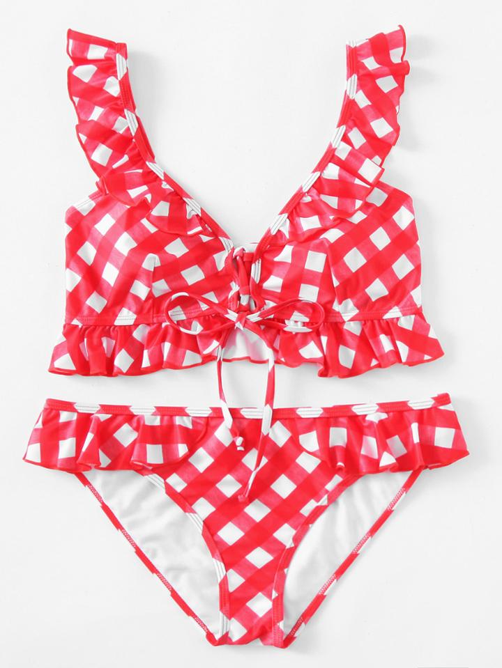 Romwe Gingham Self Tie Ruffle Detail Bikini Set