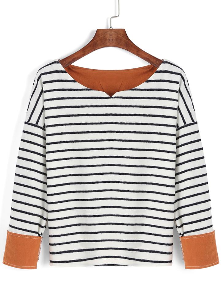 Romwe Long Sleeve Striped White T-shirt