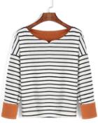 Romwe Long Sleeve Striped White T-shirt