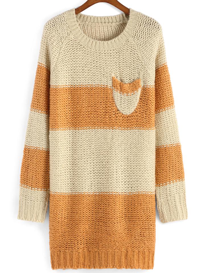 Romwe Striped Pocket Long Sweater