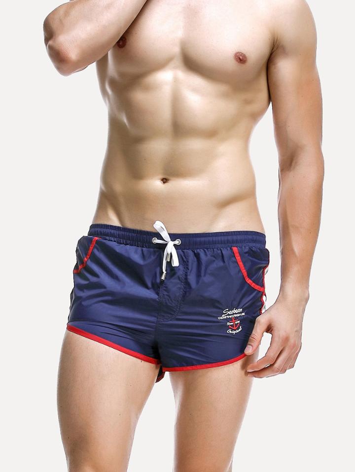 Romwe Men Contrast Trim Embroidered Dolphin Shorts