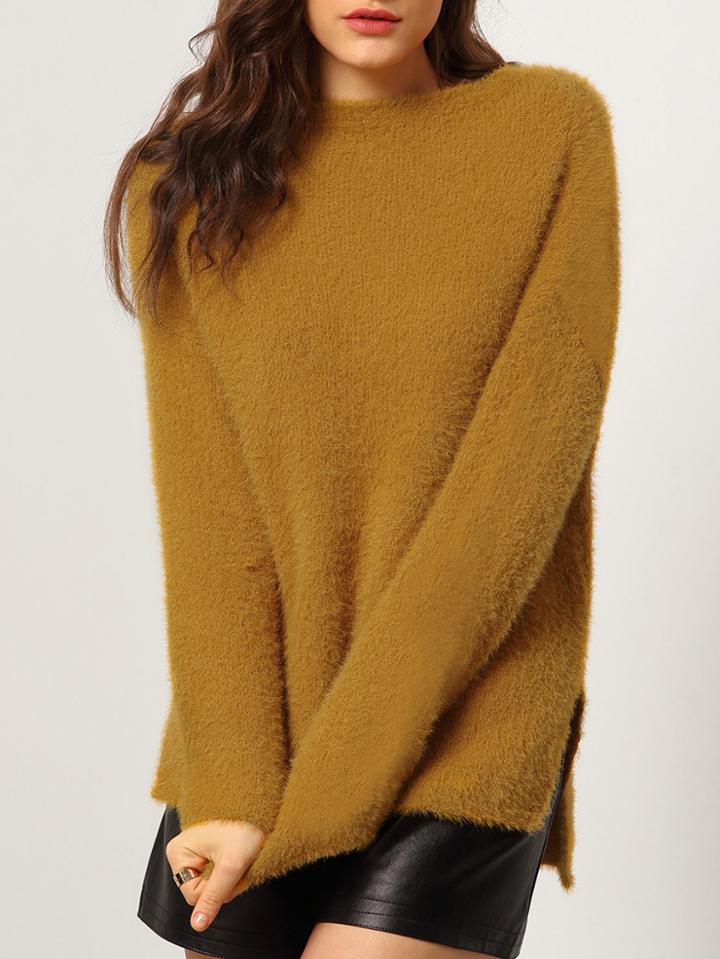 Romwe Dip Hem Split Side Yellow Sweater