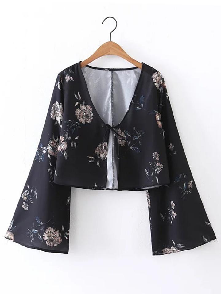 Romwe Plunging V-neckline Bell Sleeve Floral Top