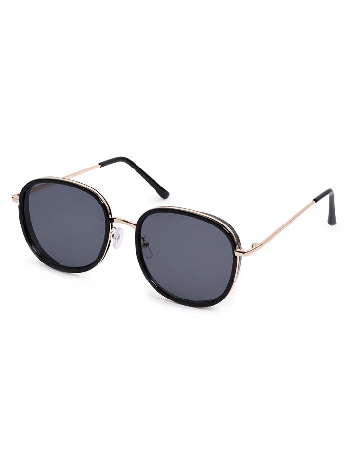 Romwe Black Frame Metal Arm Mirrored Lens Sunglasses