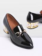 Romwe Black Pearl Design Chunky Heeled Patent Leather Loafers