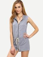 Romwe Grey Hooded Zipper Draw Cord Jumpsuit