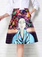 Romwe Multicolor Vintage Portrait Print Skirt