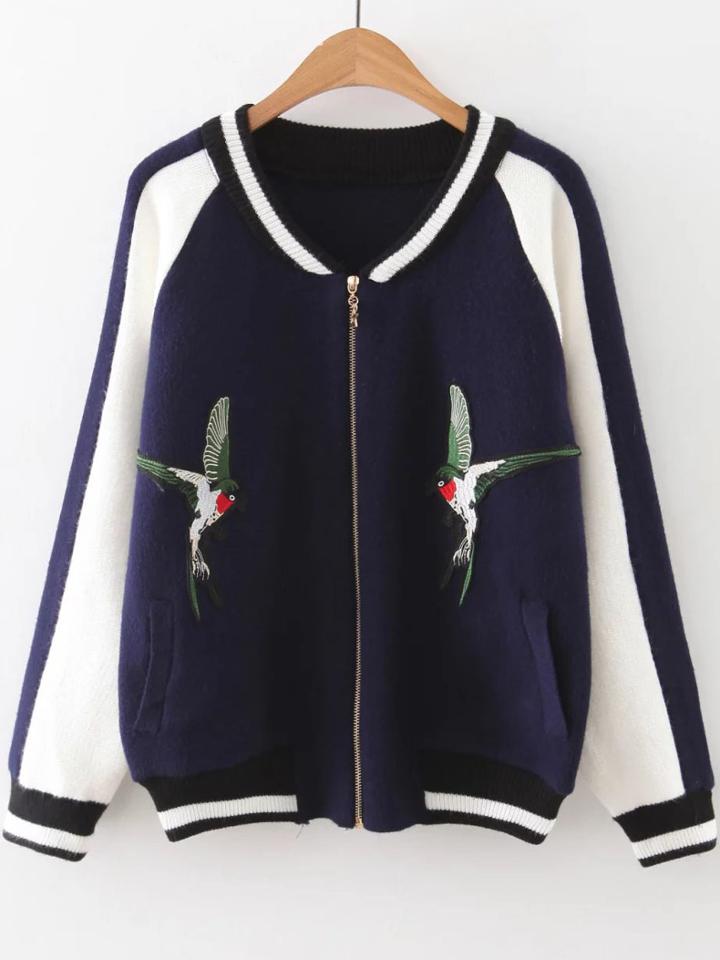 Romwe Navy Bird Embroidery Raglan Sleeve Zipper Sweater Coat