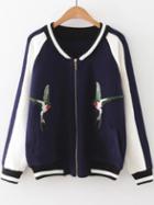 Romwe Navy Bird Embroidery Raglan Sleeve Zipper Sweater Coat