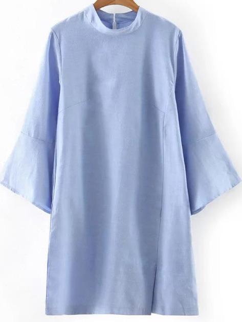Romwe Blue Stand Collar Bell Sleeve Plain Dress