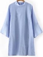 Romwe Blue Stand Collar Bell Sleeve Plain Dress