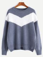 Romwe Blue Contrast Drop Shoulder High Low Sweater