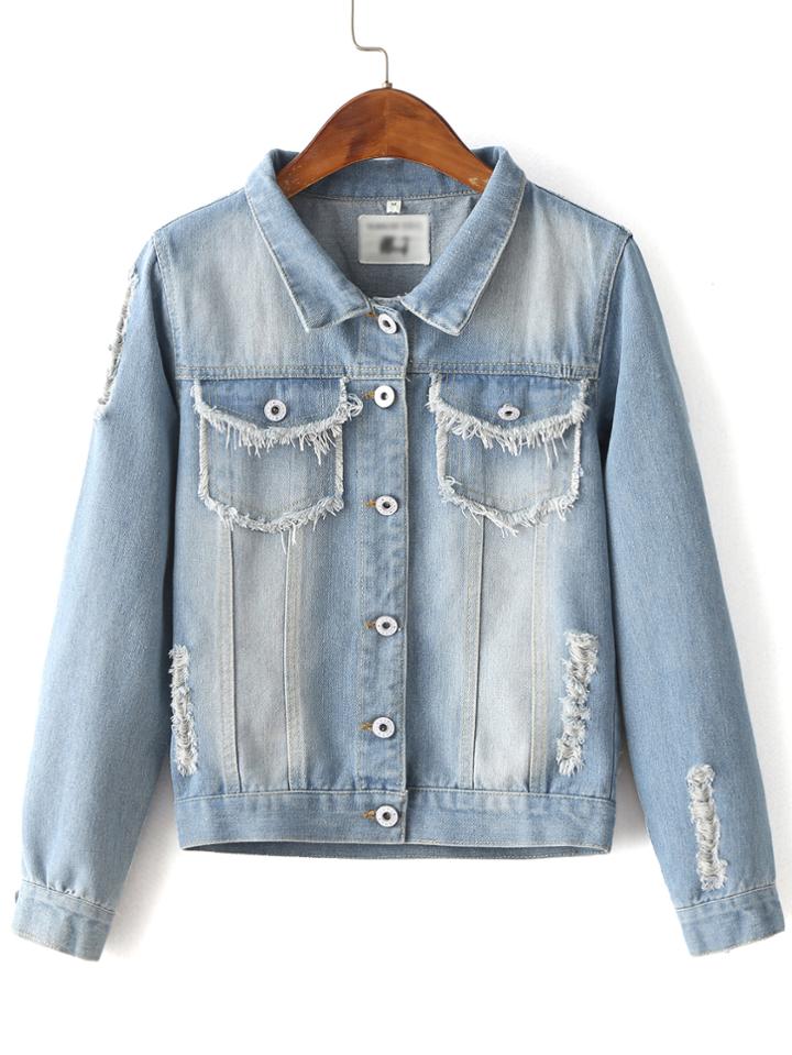 Romwe Blue Lapel Embroidery Back Button Jacket