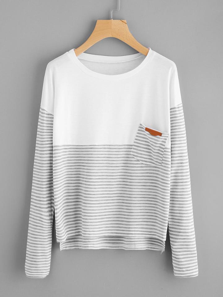 Romwe Contrast Striped Dip Hem Tee