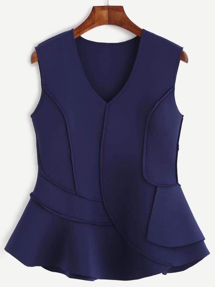 Romwe Navy Patch Splicing Sleeveless Peplum Top