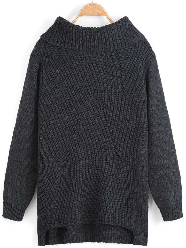 Romwe Turtleneck Dip Hem Black Sweater