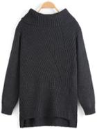 Romwe Turtleneck Dip Hem Black Sweater