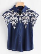 Romwe Cap Sleeve Embroidered Blouse