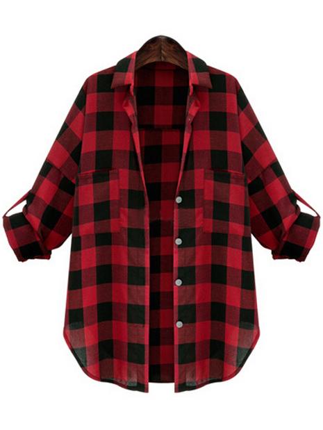 Romwe Lapel Plaid Buttons  Blouse