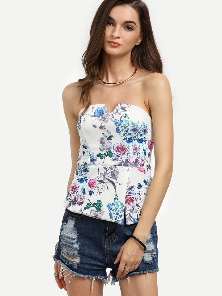 Romwe White Floral Print Bandeau Split Top