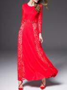 Romwe Red Round Neck Long Sleeve Contrast Lace Beading Dress