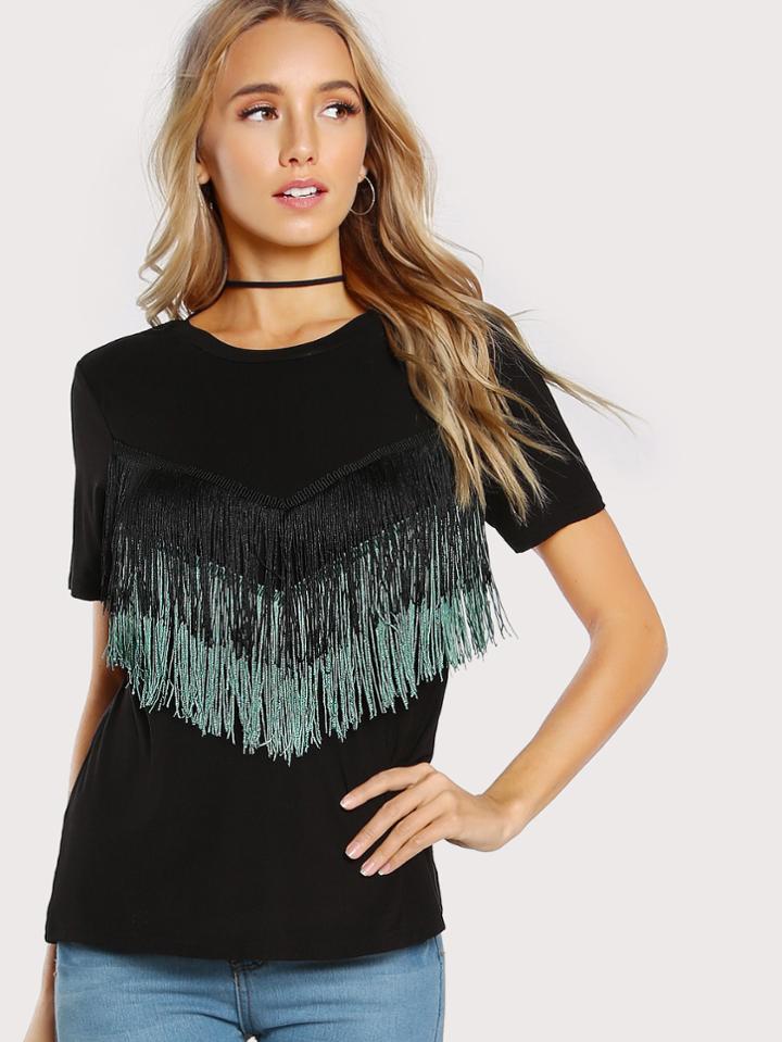 Romwe Fringe Trim Tee