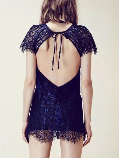 Romwe Open Back Eyelash Lace Mini Dress